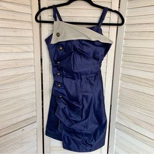 Double Zero Navy Blue Large Button Ruched Cocktail Party Mini Dress S
